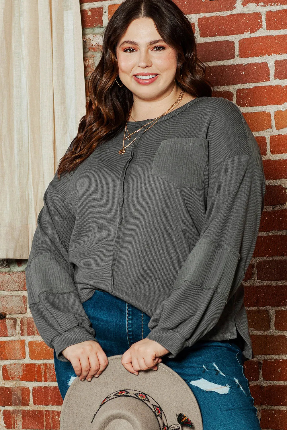 Dark Grey Plus Size Exposed Seam Crinkle Patchwork Top - Chic Meadow Boutique 