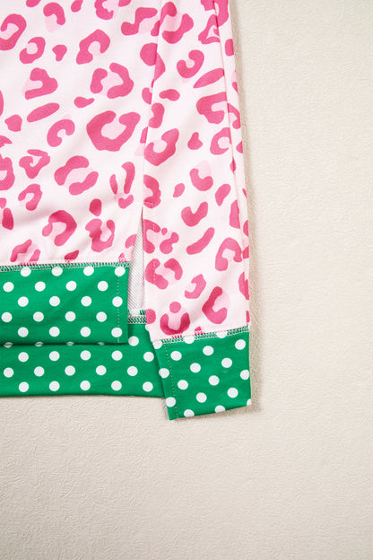 Pink Leopard Polka Dot Colorblock Trim Long Sleeve Top