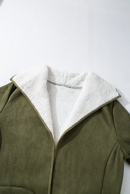 Green Faux Suede Fleece Lined Open Front Jacket - Chic Meadow Boutique 