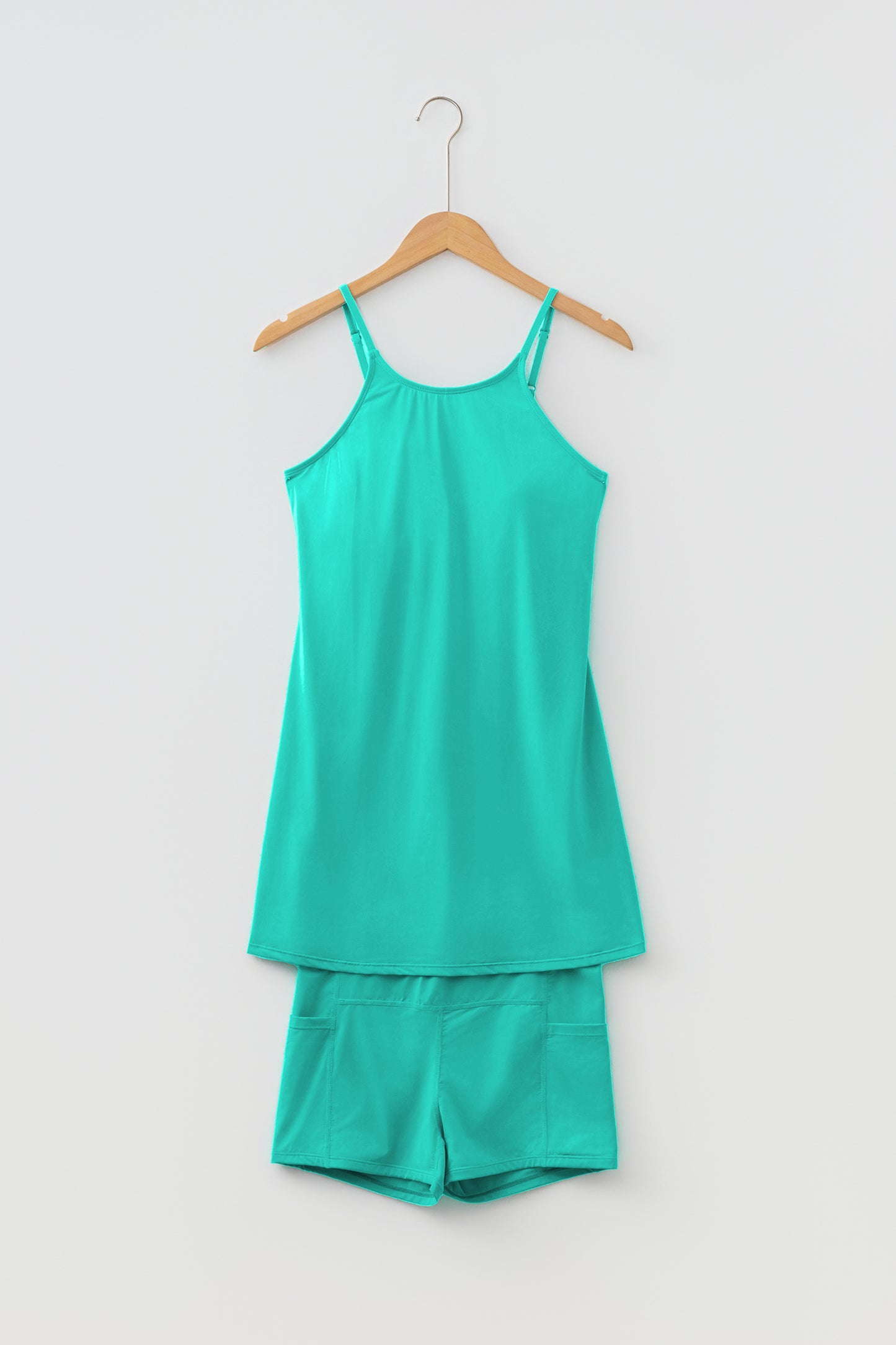 Sea Green Solid Color Tunic Tank Dress Athletic Shorts Two Piece Set