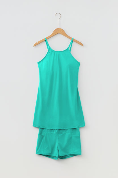 Sea Green Solid Color Tunic Tank Dress Athletic Shorts Two Piece Set
