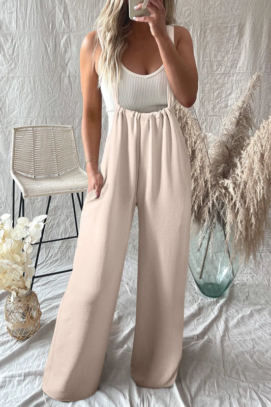 Parchment Wide Strap Ruched Knot Back Wide Leg Overall - Chic Meadow Boutique 