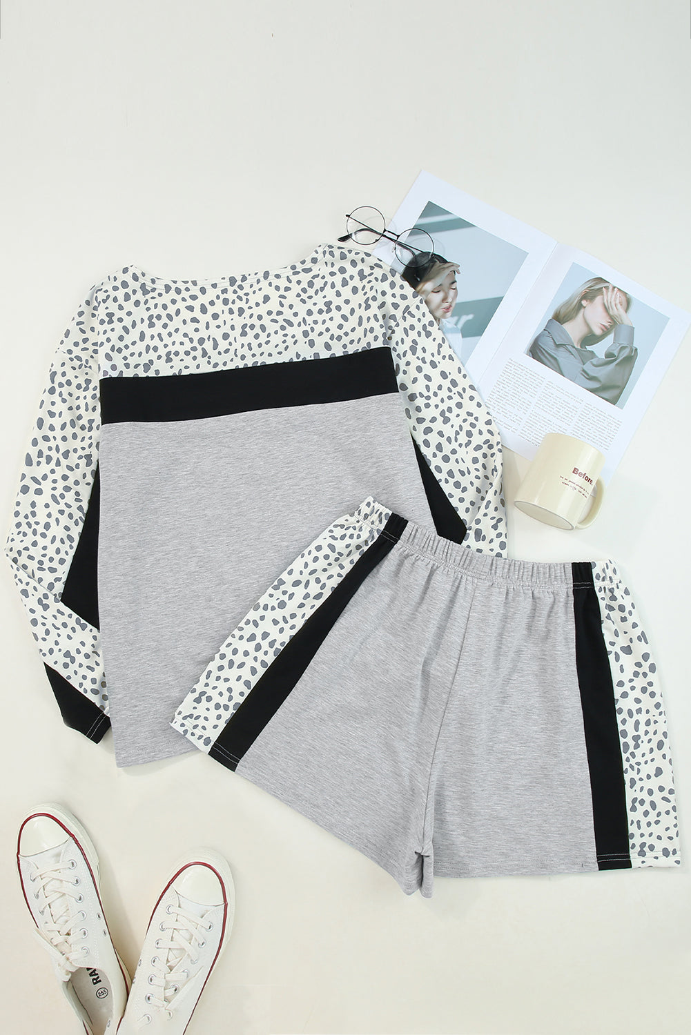 Gray Leopard Colorblock Patchwork Pullover and Shorts Set