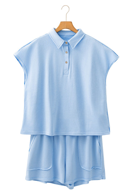 Mist Blue Solid Color Polo Tee Elastic Waist Shorts Plus Size Outfit