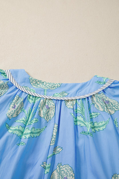 Sky Blue Plus Periwinkle Floral Printed Short Sleeve Striped Trim Split Neck Mini Dress