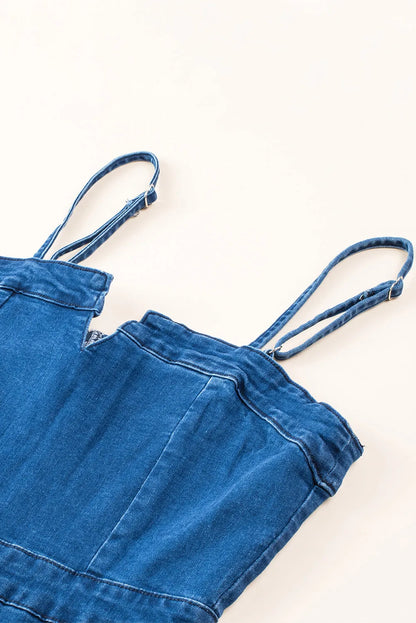 Blue Spaghetti Straps Notch V Denim Jumpsuit - Chic Meadow Boutique 