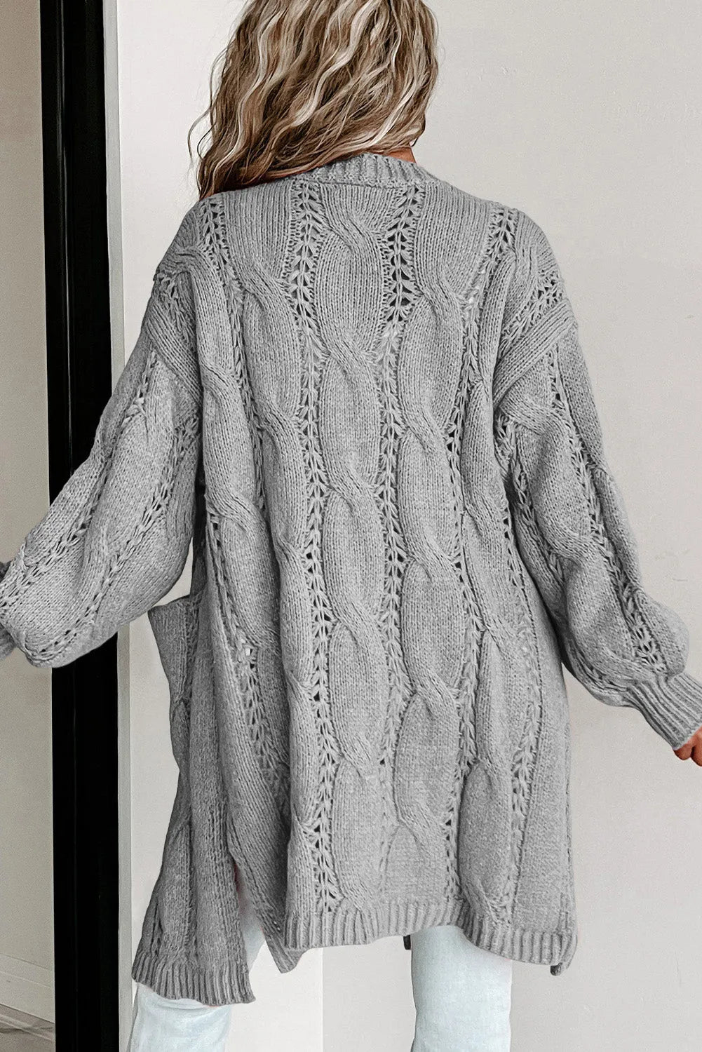 Gray Ribbed Trim Eyelet Cable Knit Cardigan - Chic Meadow Boutique 