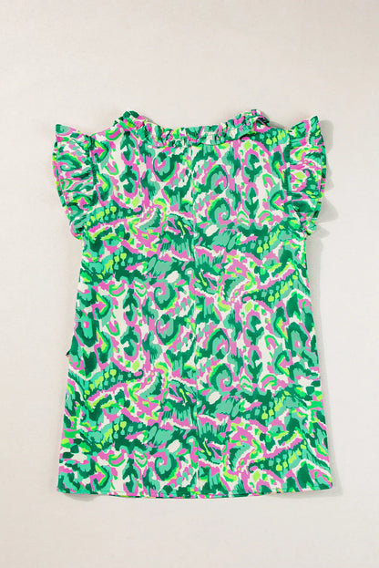 Green Pastel/Floral/Abstract Print Ruffled Trim Tied Split Neck Tank Top - Chic Meadow Boutique 