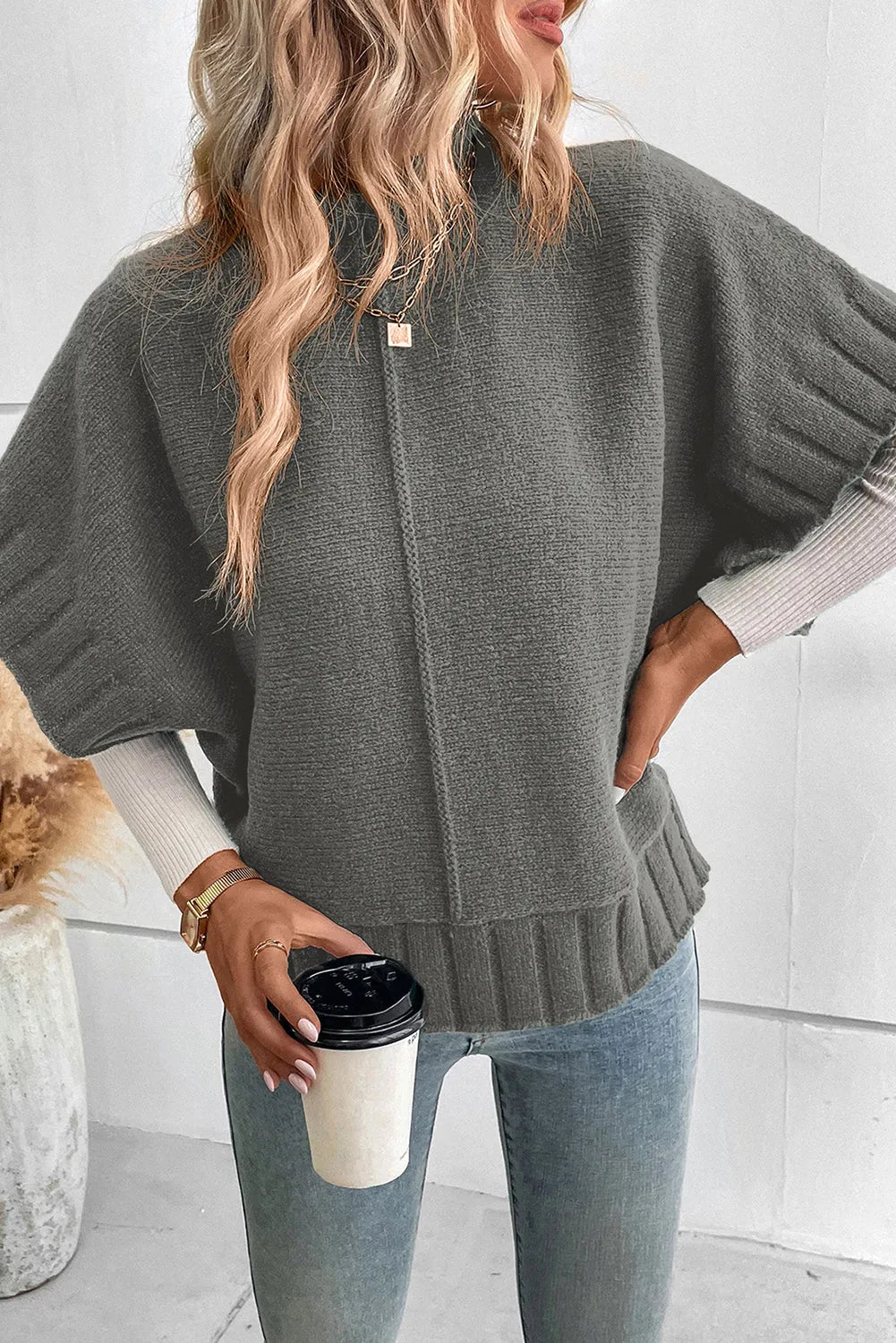 Medium Grey Mock Neck Batwing Short Sleeve Knit Sweater - Chic Meadow Boutique 