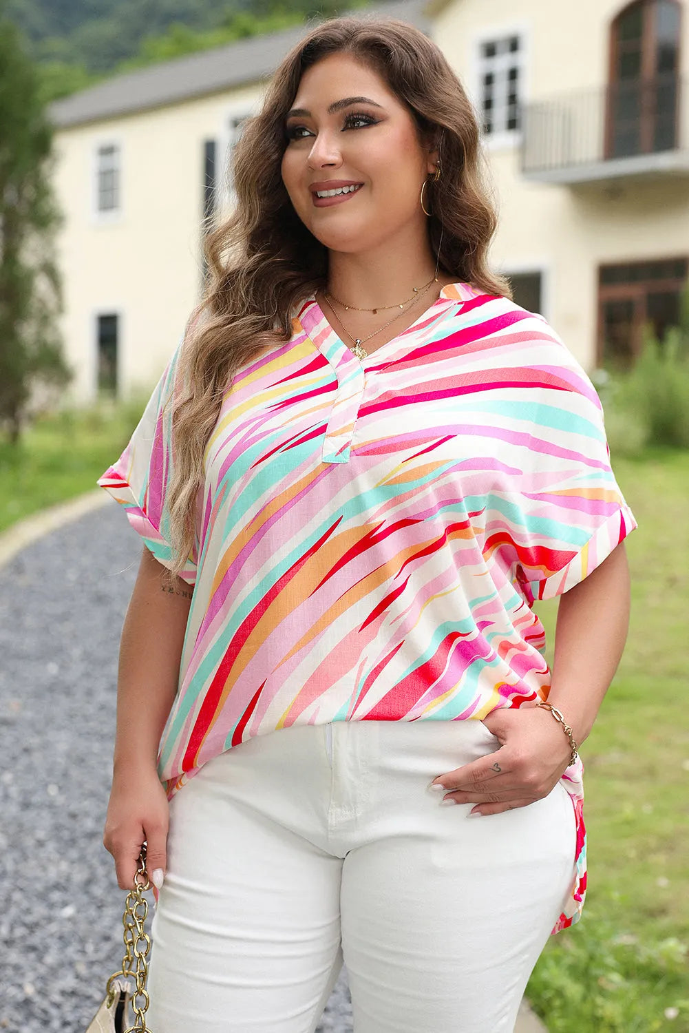 White Abstract Print Short Sleeve Notched Neck Plus Size Top - Chic Meadow Boutique 