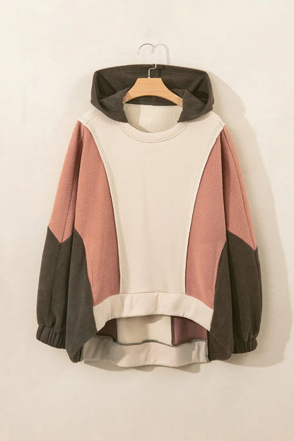 Beige Oversized Color Block Patchwork High Low Hoodie - Chic Meadow Boutique 