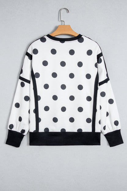 White Polka Dot Contrast Patchwork Round Neck Baggy Sweatshirt