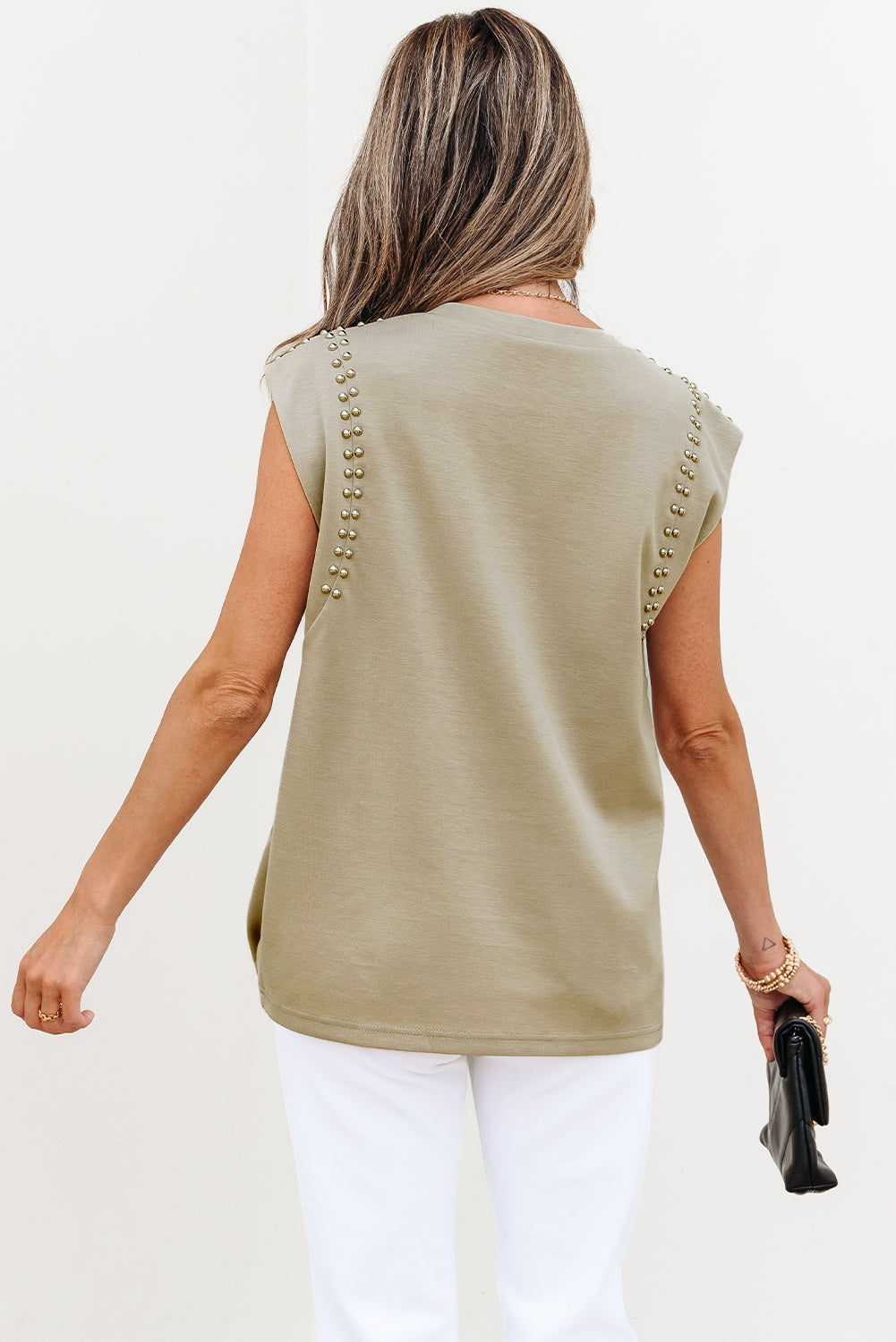 Sage Green Studded Cap Sleeve Round Neck T Shirt
