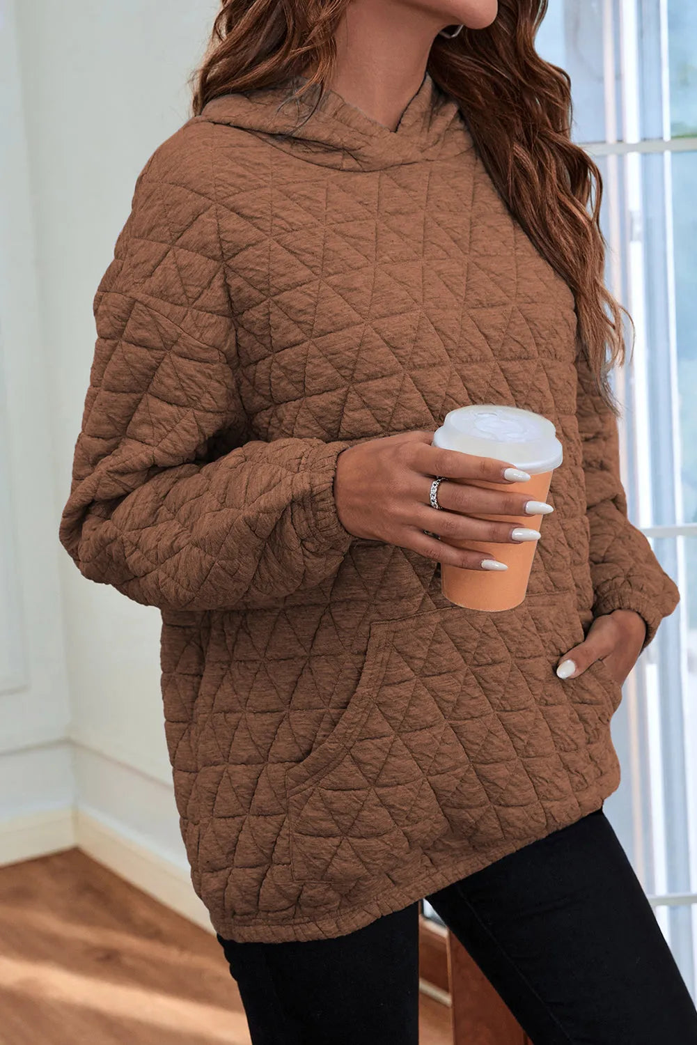 Coffee Solid Color Quilted Kangaroo Pocket Hoodie - Chic Meadow Boutique 