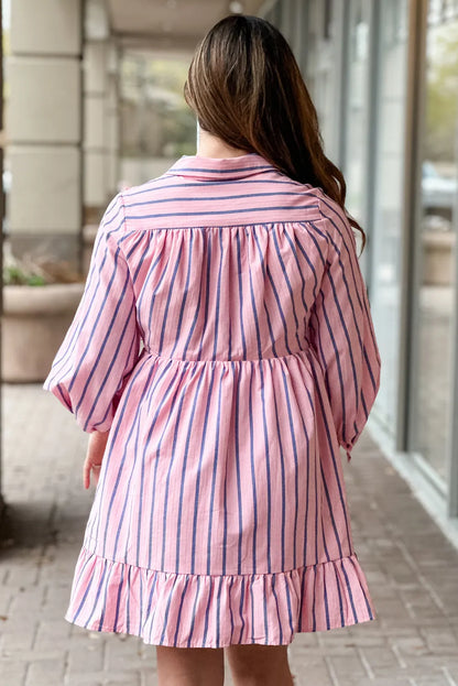 Pink Stripe Ruffled Hem Button-up Collared Shirt Mini Dress - Chic Meadow Boutique 