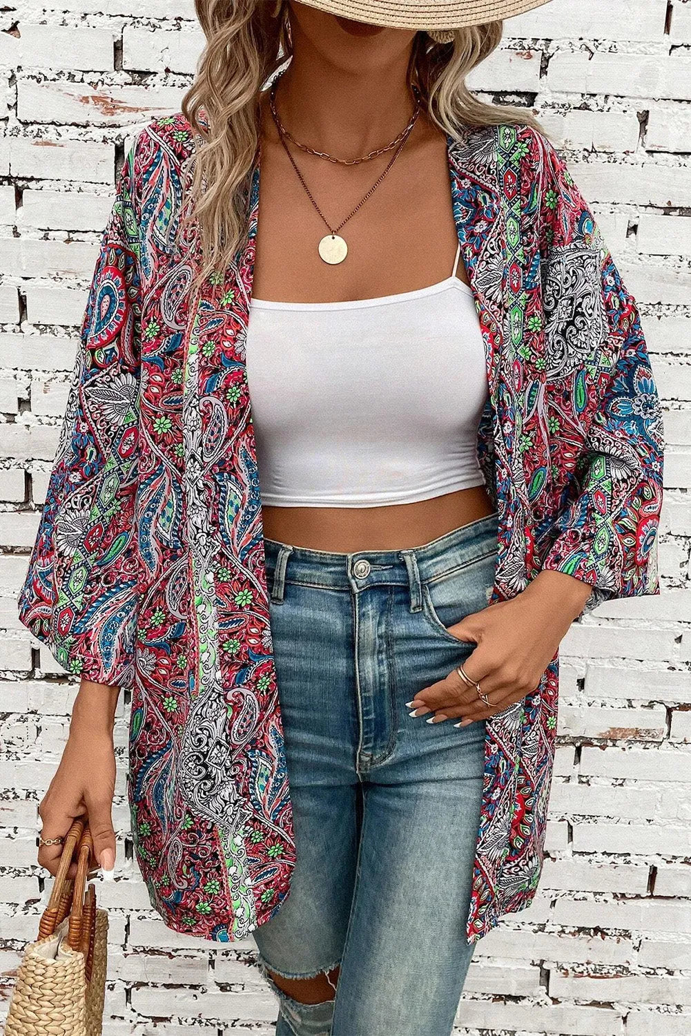 Red Paisley Print Open Front Kimono - Chic Meadow Boutique 