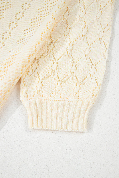 Beige Hollowed Pattern Knit Short Puff Sleeve Sweater