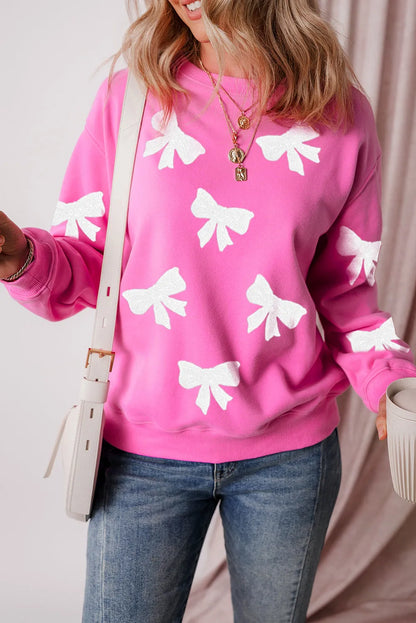 Bonbon Sequin Bowknot Graphic Drop Shoulder Pullover Sweatshirt - Chic Meadow Boutique 