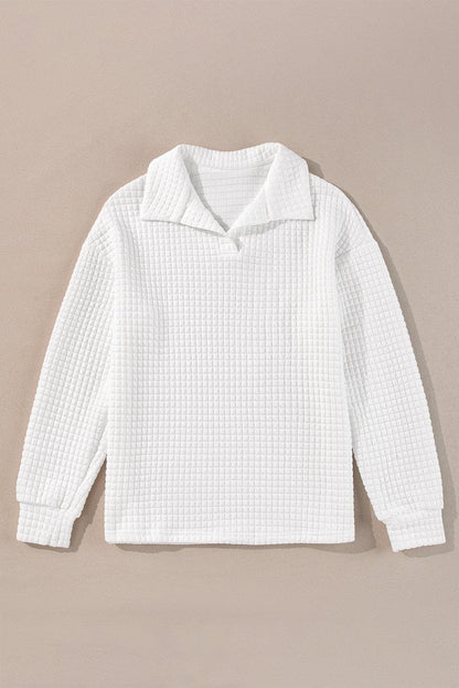 Tops/Long Sleeve Tops White Quilted Texture Sporty Collared Long Sleeve Top