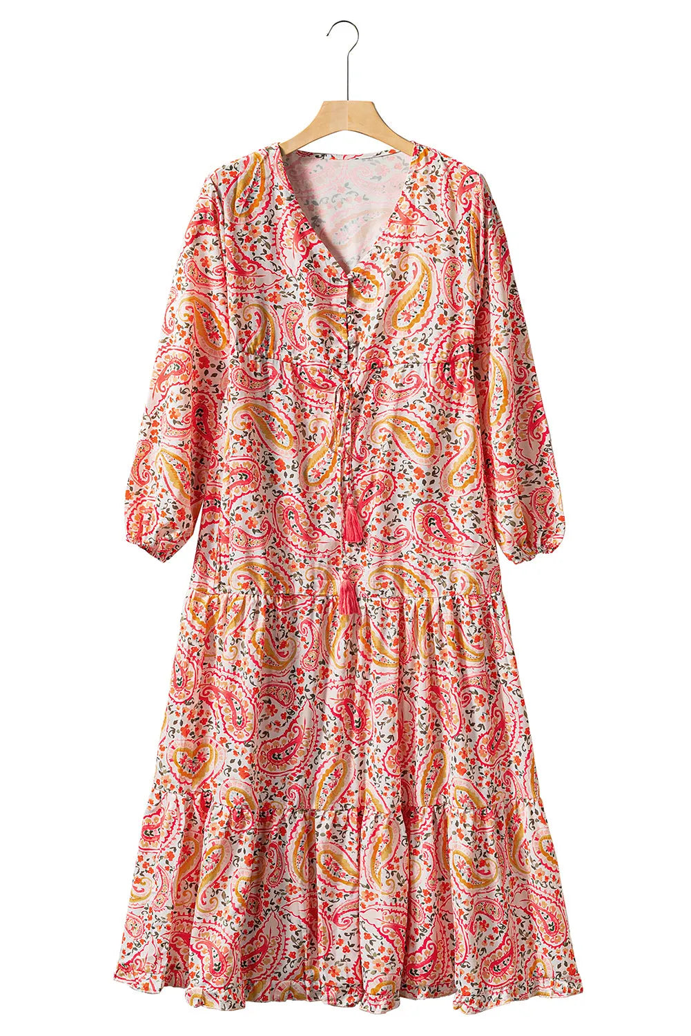 Orange Boho Holiday Paisley Print Tiered Long Sleeve Maxi Dress - Chic Meadow Boutique 