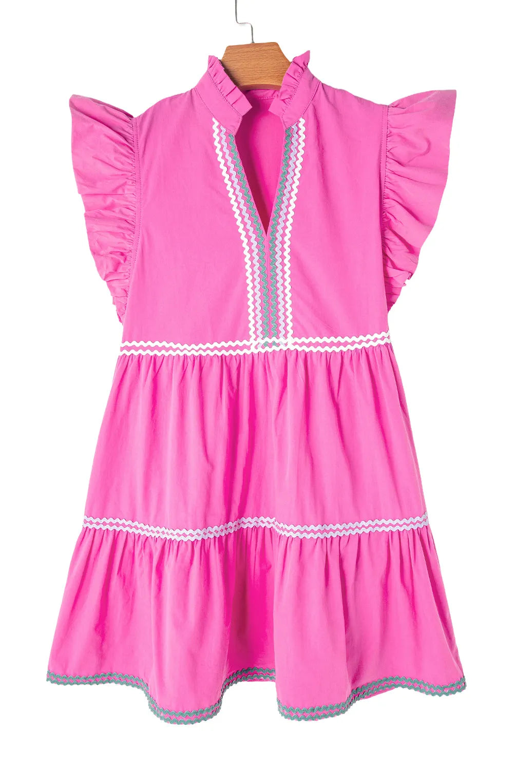 Strawberry Pink Ric Rac Colorblock Flutter Sleeve V Neck Tiered Dress - Chic Meadow Boutique 