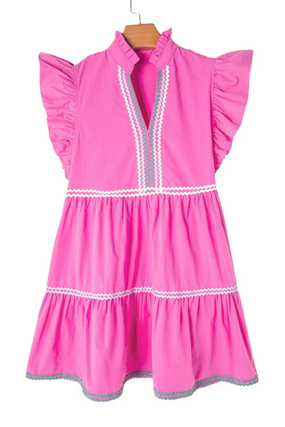 Strawberry Pink Ric Rac Colorblock Flutter Sleeve V Neck Tiered Dress - Chic Meadow Boutique 