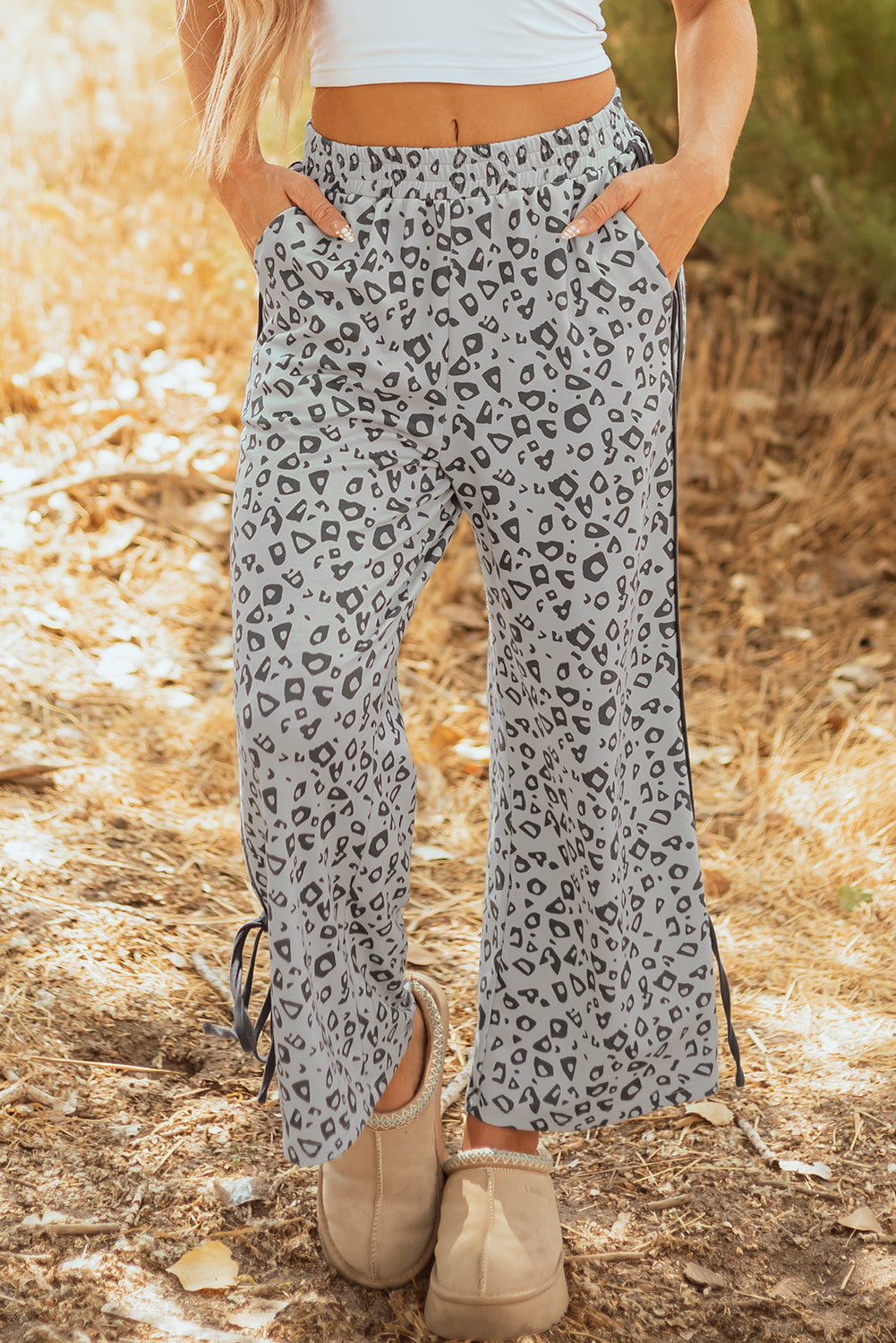 Khaki Leopard High Waist Side Bow Straight Leg