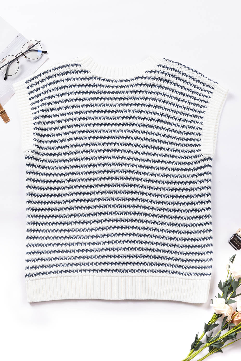 Blue Stripe Ribbed Trim Loose Fit Knitted Sweater Vest