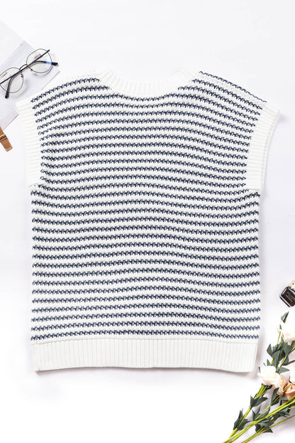 Blue Stripe Ribbed Trim Loose Fit Knitted Sweater Vest