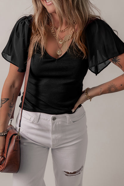 Black Mesh Ruffled Sleeve Slim Fit V Neck Top