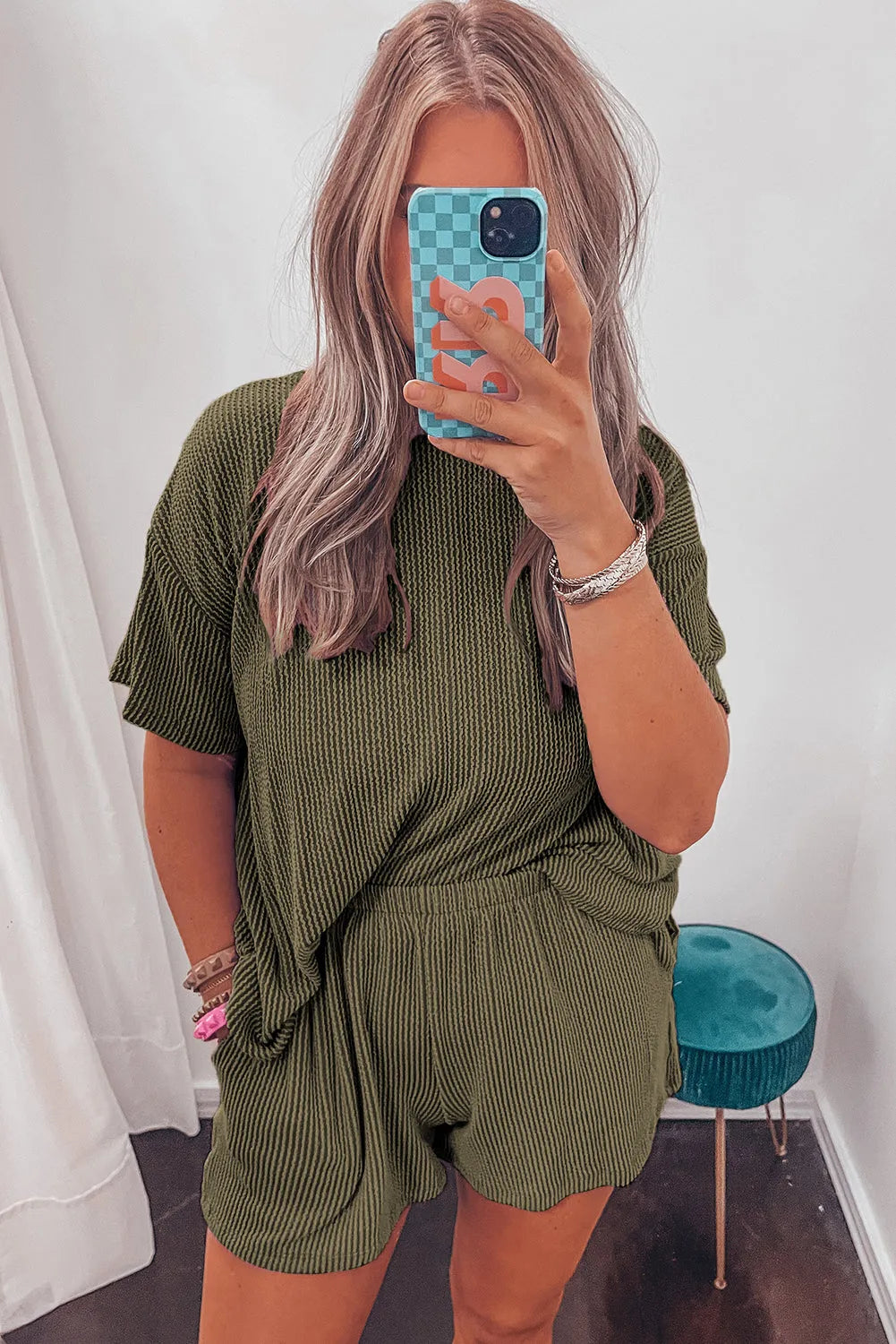 Jungle Green Ribbed Textured Knit Loose Fit Tee and Shorts Set - Chic Meadow Boutique 