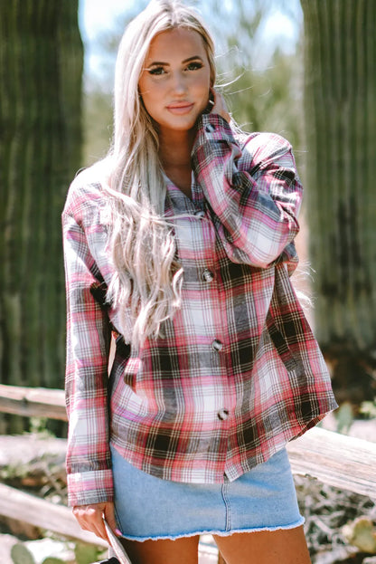 Pink Plaid Flap Pocket Button Up Shacket - Chic Meadow Boutique 