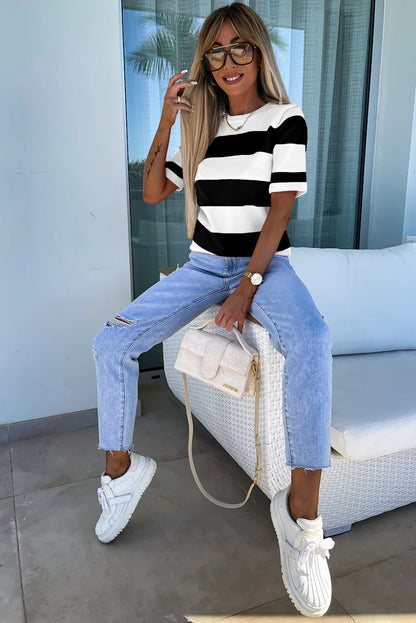 Black Stripe Colorblock Striped Knitted T shirt