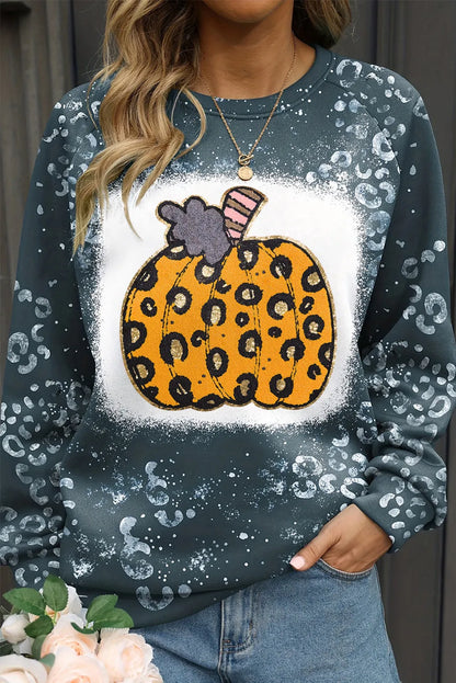 Blue Leopard Pumpkin Ink Plash Printed Halloween Sweatshirt - Chic Meadow Boutique 