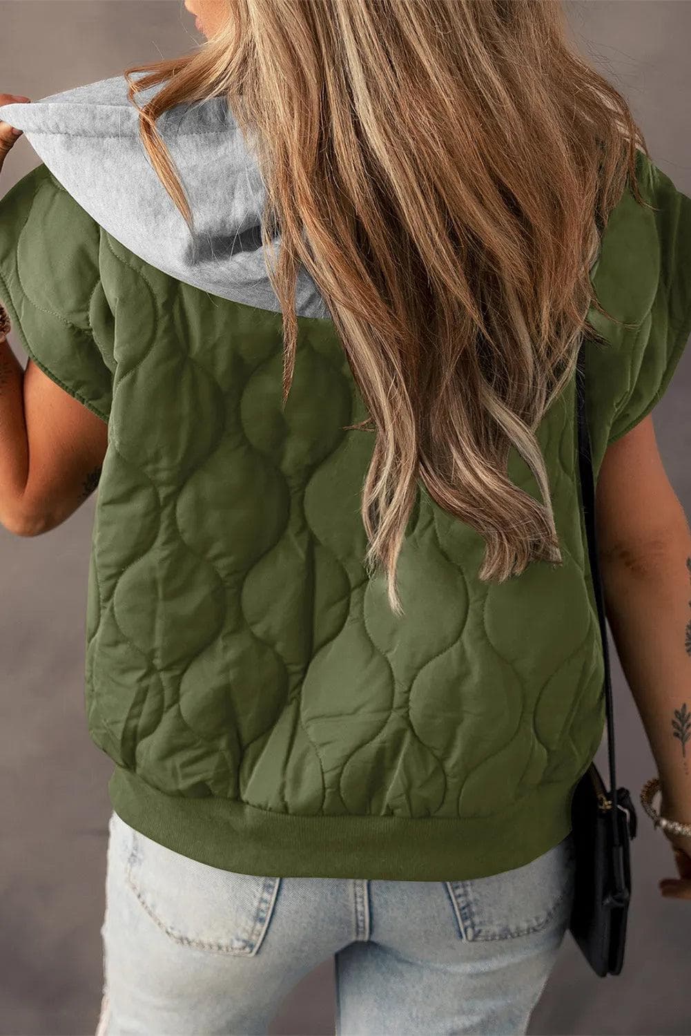 Outerwear/Vests Jungle Green Quilted Drawstring Hooded Zip Up Puffer Vest