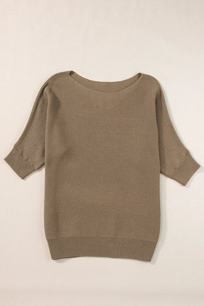 Coffee Round Neck Half Sleeve Ribbed Knit Top - Chic Meadow Boutique 