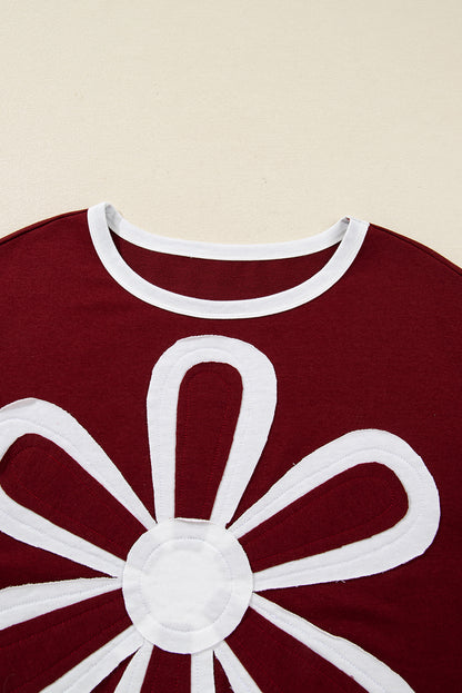 Red Dahlia Cheerful Daisy Flower Patched Round Neck Long Sleeve Top