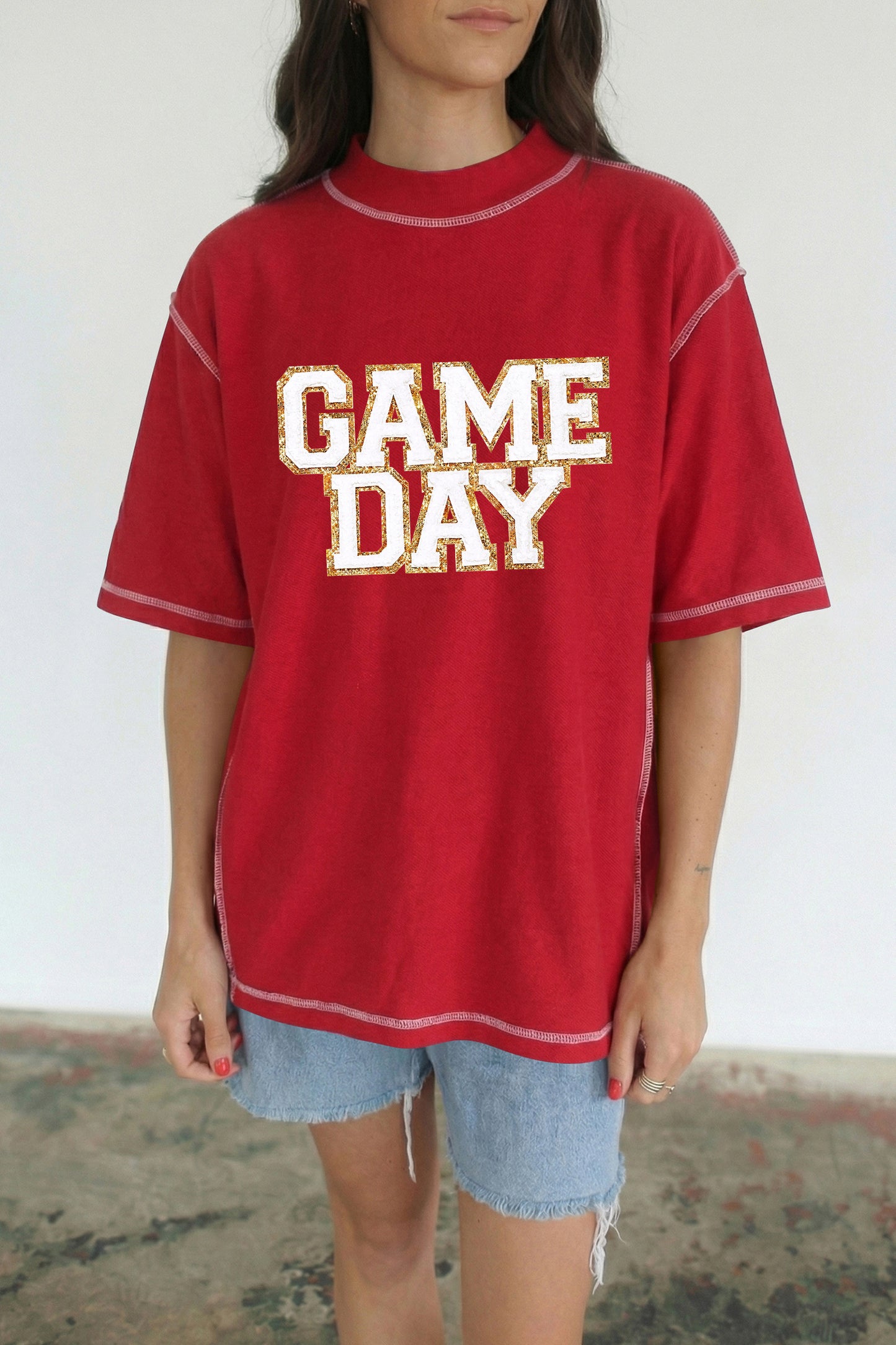 Racing Red Shiny Game Day Lettering Contrast Seam Detail Graphic Tee