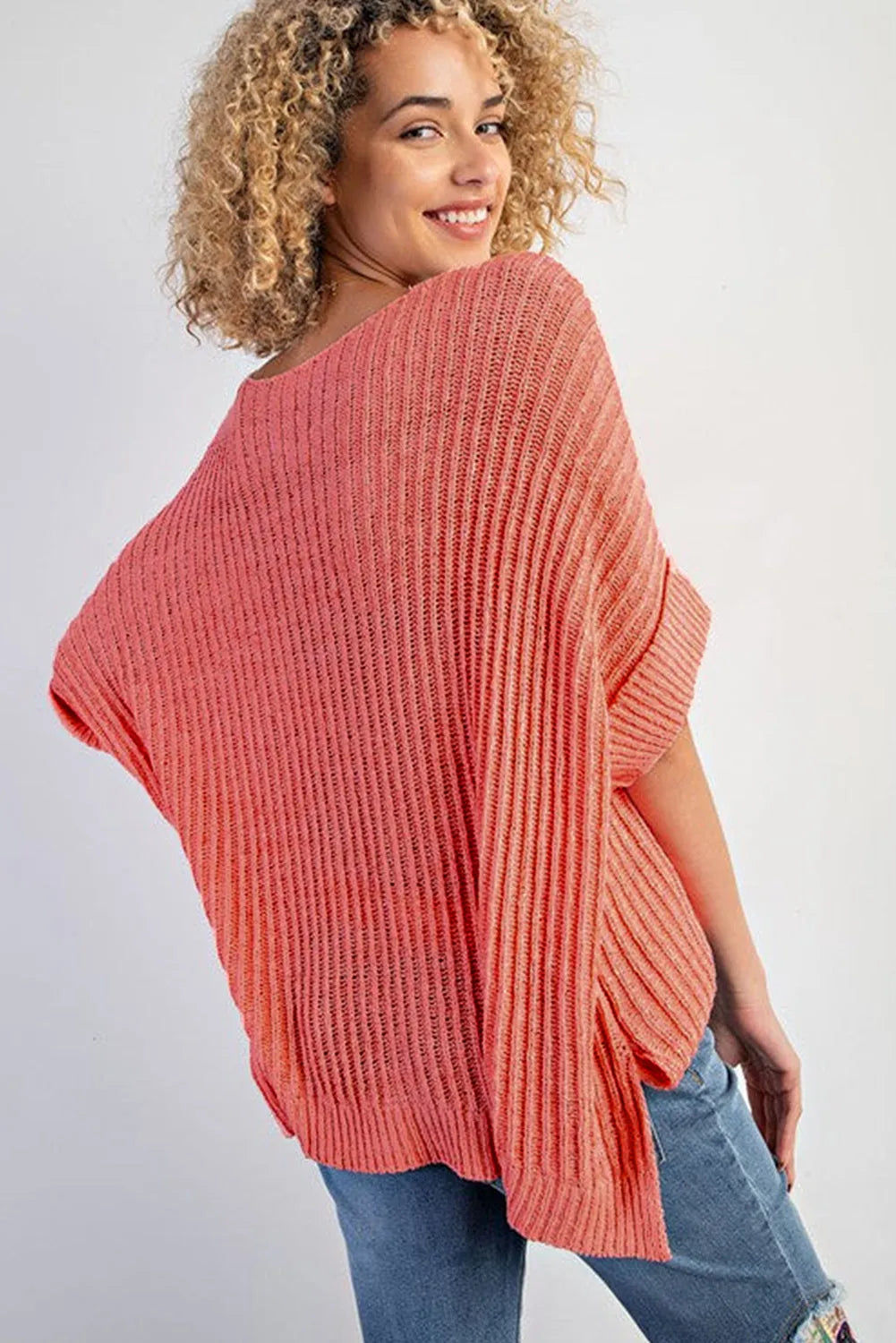 Fresh Salmon Rolled Cuffs Loose Knit Tee with Slits - Chic Meadow Boutique 