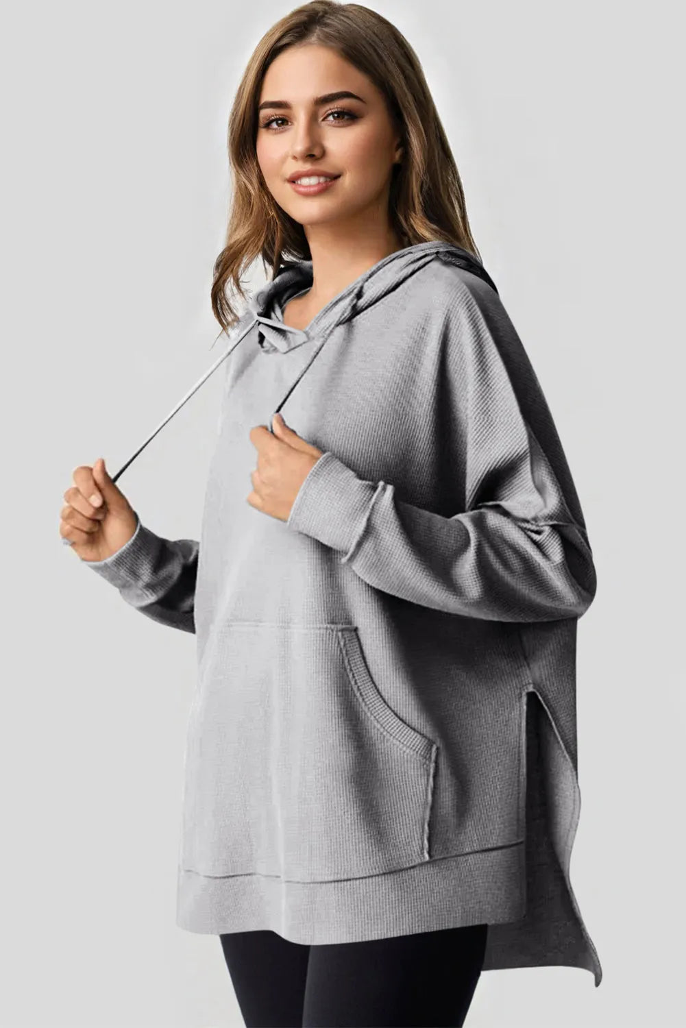 Gray Waffle Knit Fleece Lined High Low Oversized Hoodie - Chic Meadow Boutique 