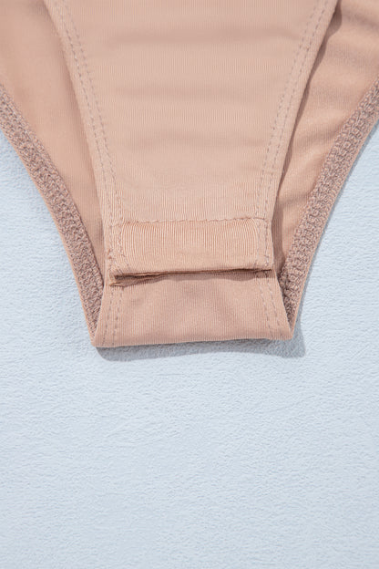 Light French Beige Solid Color Velvet Knot Square Neck Sheer Long Sleeve Bodysuit