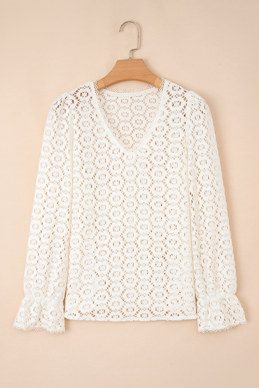 Beige Flower Lace V Neck Ruffled Sleeve Top