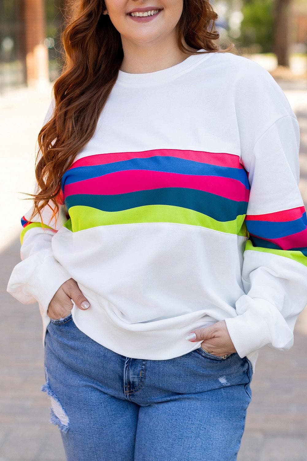 Plus Size/Plus Size Sweatshirts & Hoodies White Plus Size Colorful Striped Drop Shoulder Loose Sweatshirt