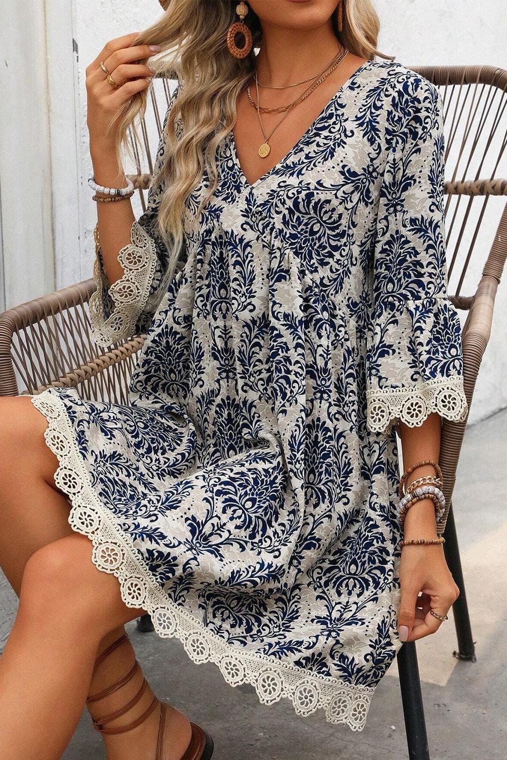 Dresses/Mini Dresses Sky Blue Vintage Printed Lace Trim V Neck 3/4 Sleeve Loose Dress