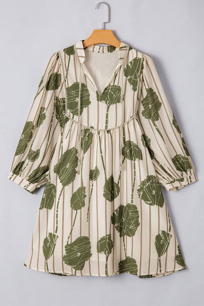 Guacamole Green Floral Striped Print Contrast Piping Puff Sleeve Dress