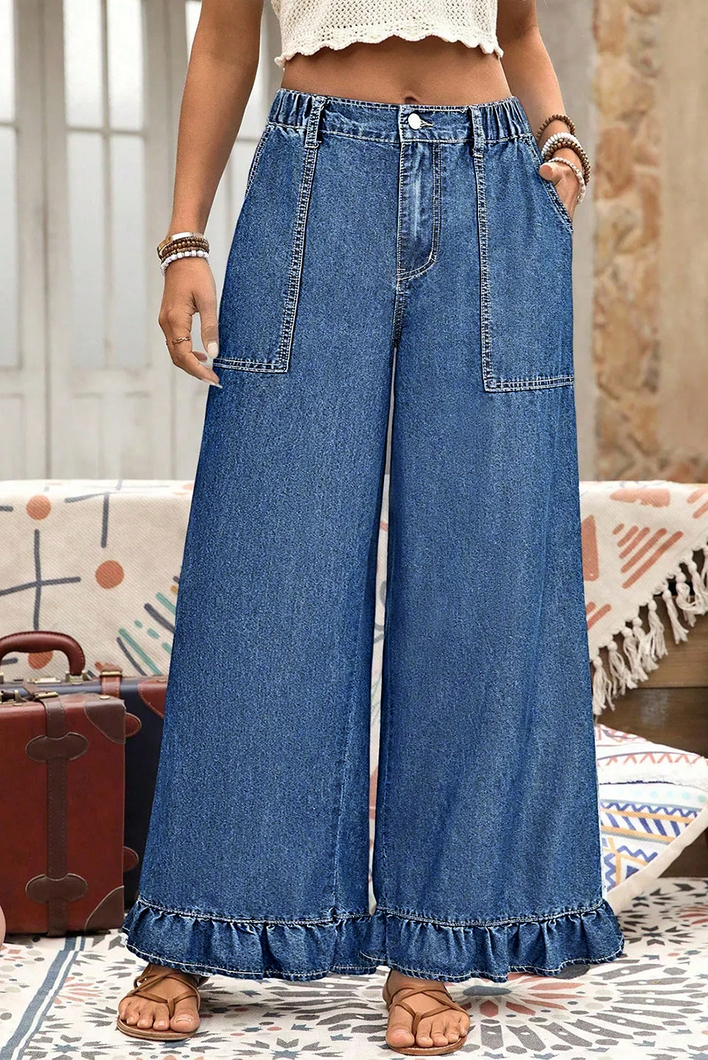 Sail Blue Plus Size Elastic Waist Ruffled Wide Leg Denim Pants