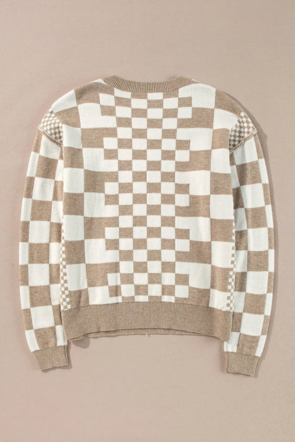 Khaki Checkered Print Drop Shoulder Round Neck Sweater - Chic Meadow Boutique 