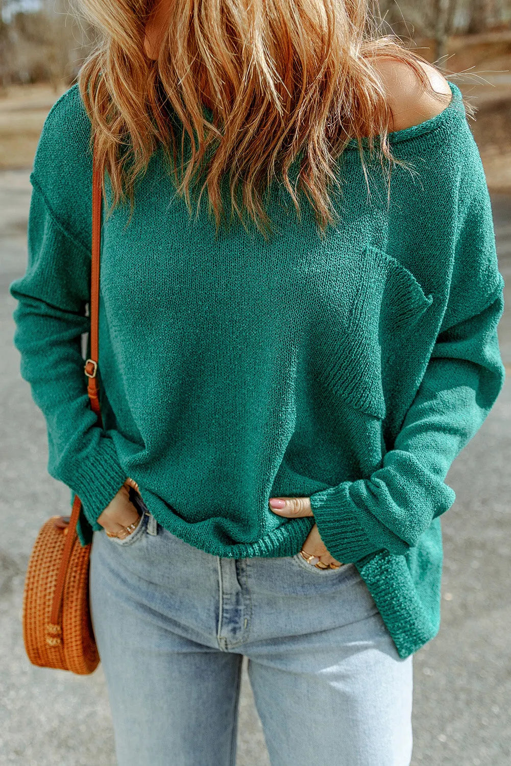 Green Solid Color Off Shoulder Rib Knit Sweater with Pocket - Chic Meadow Boutique 