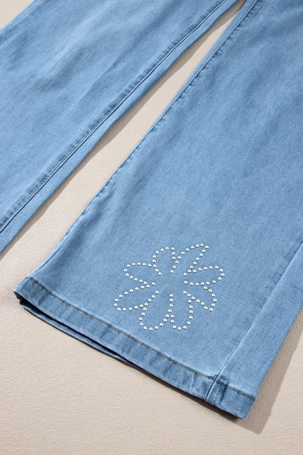 Light Blue Floral Rhinestone Decor High Rise Wide Leg Jeans - Chic Meadow Boutique 