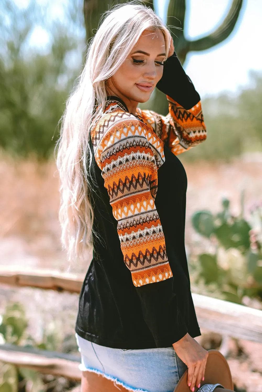 Tops/Long Sleeve Tops Orange Geo Print Raglan Patchwork Long Sleeve Tee